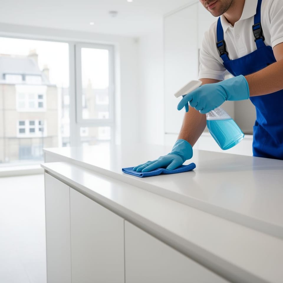Professional end of tenancy cleaner preparing equipment in a London flat